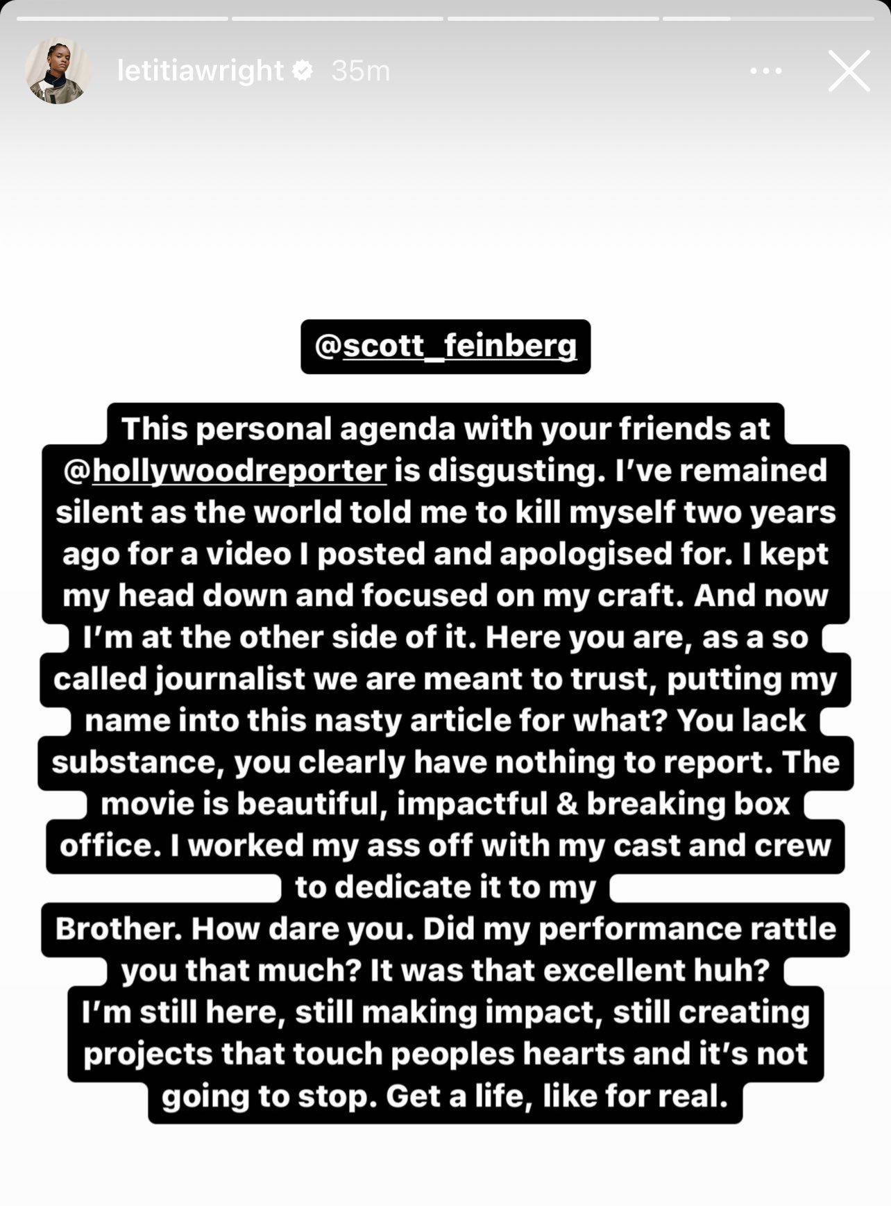 Letitia Wright calls out The Hollywood Reporter's Scott Feinberg via Instagram