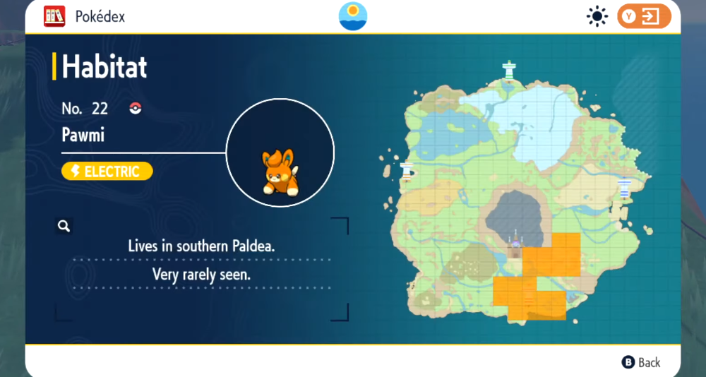 The Pokédex shows the habitat of Pawmi via Pokémon Scarlet & Violet (2022), Nintendo