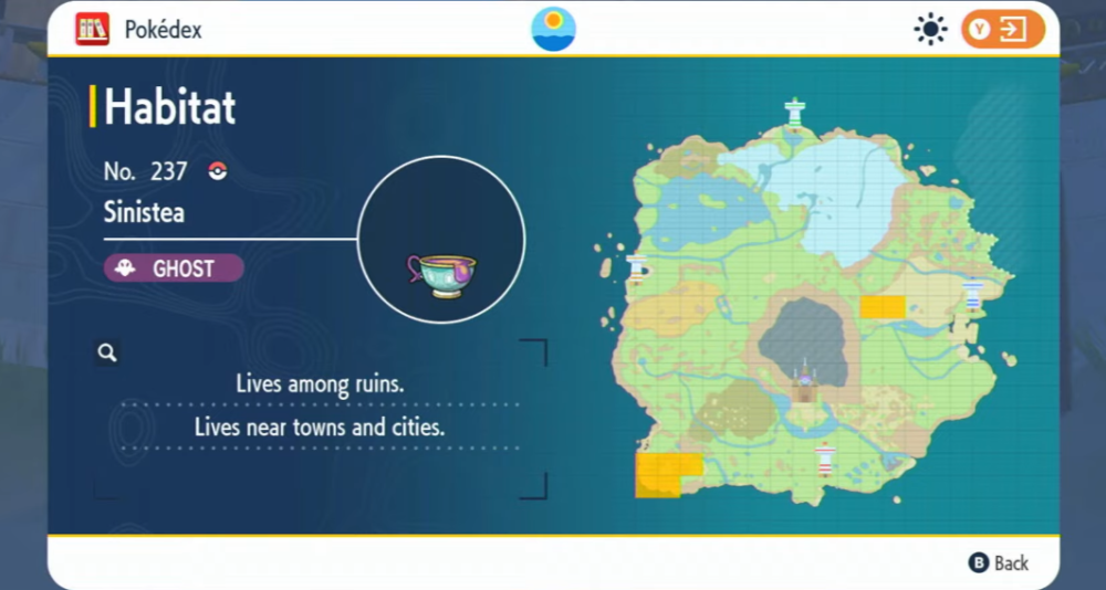 The Pokédex shows the habitat of Sinistea via Pokémon Scarlet & Violet (2022), Nintendo