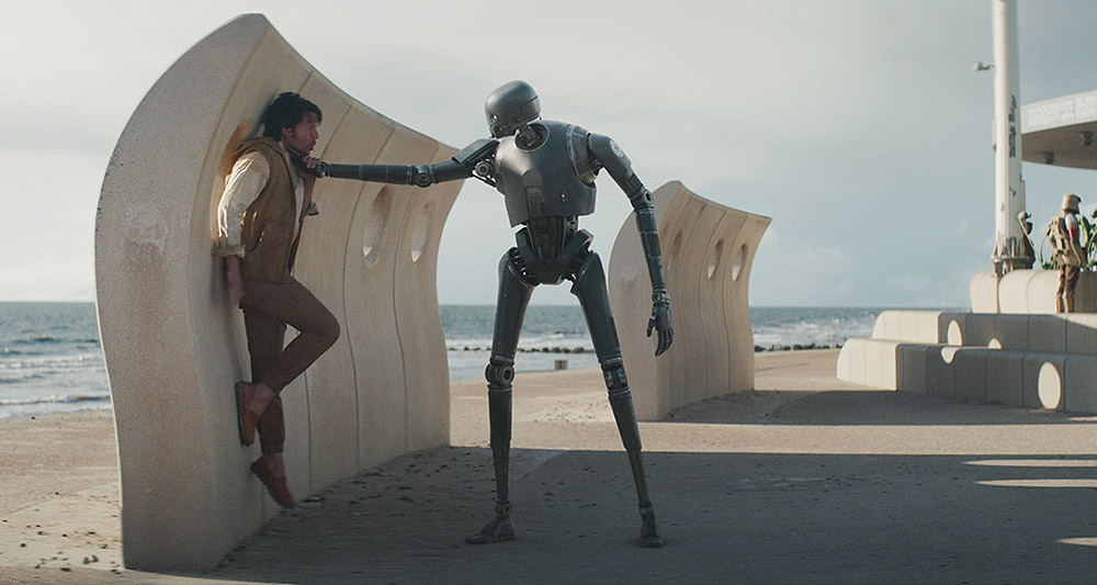 An Imperial Enforcer droid chokes Cassian in 'Star Wars: Andor' (2022), Disney+
