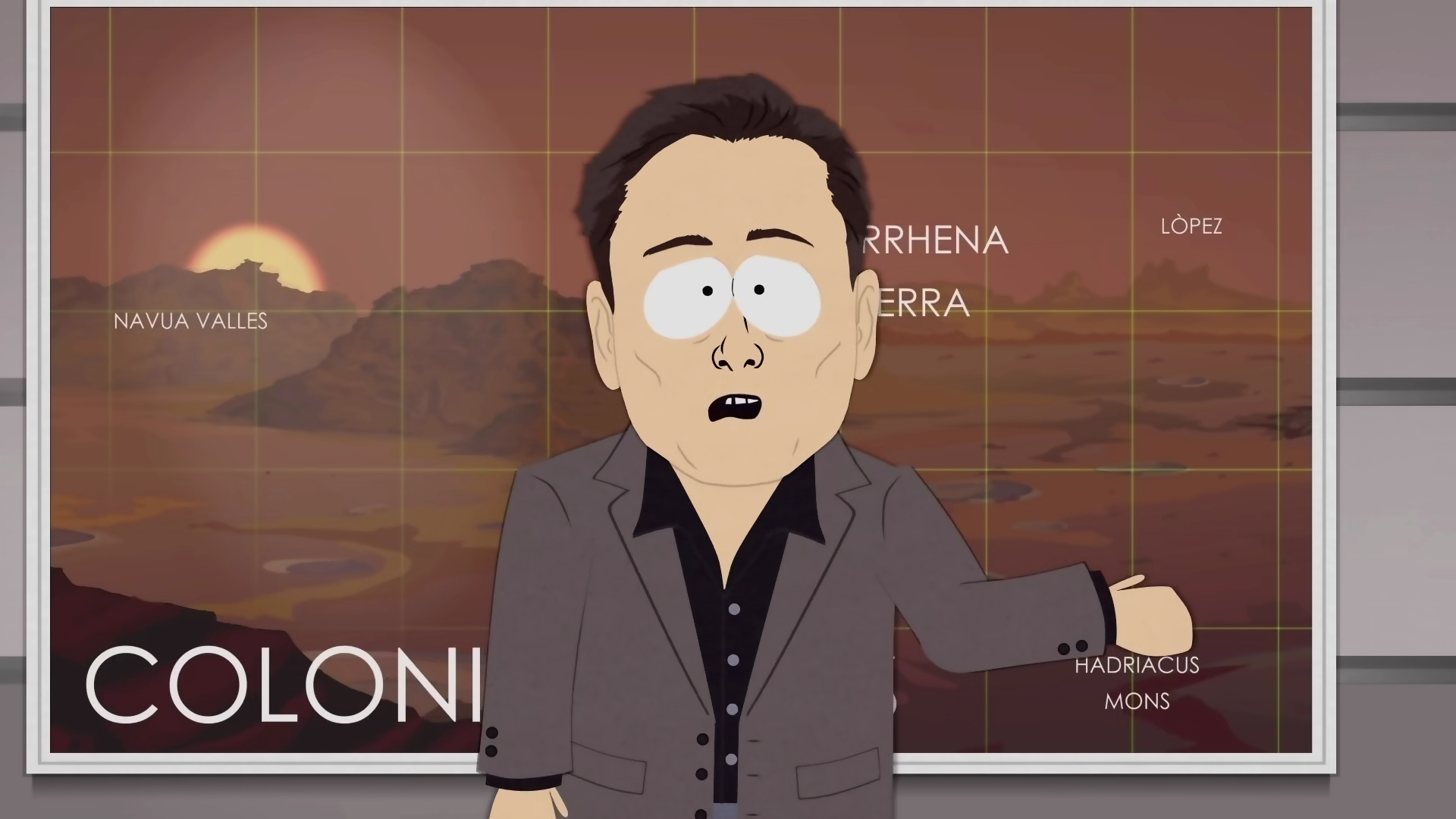 Elon Musk speaks with Eric Cartman (Trey Parker) about SpaceX's plans to colonize Mars via South Park Season 20 Episode 10 "The End of Serialization as We Know It" (2016), Paramount via Blu-ray