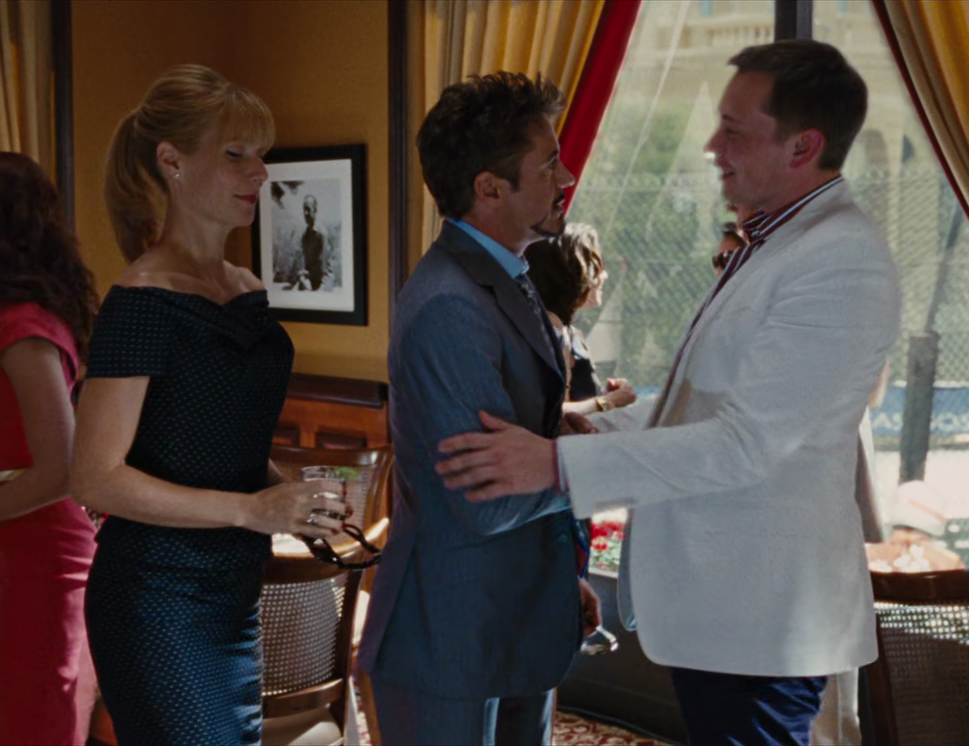 Tony Stark (Robert Downey, Jr.) and Pepper Potts (Gwenyth Paltrow) say hello to Elon Musk via Iron Man 2 (2010), Marvel Entertainment via Blu-ray