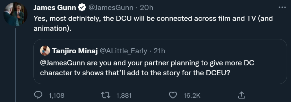 James Gunn confirms the DC Universe will continue to be connected through film, TV, and animation via Twitter