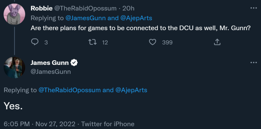 @TheRabidOpossum asks James Gunn if the DC Universe will extend to video games, and Gunn confirms it via Twitter