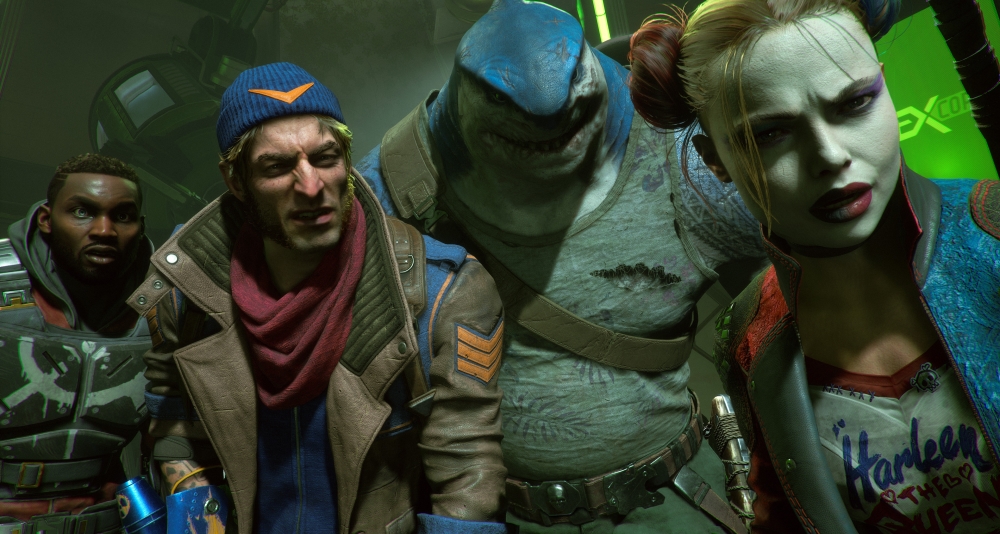 Deadshot, Captain Boomerang, King Shark, and Harley Quinn stand in varying states of amazement and confusion via Suicide Squad: Kill the Justice League (2022) Warner Bros. Interactive Entertainment