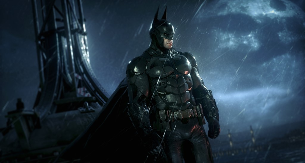 Batman scowls over a rainy Gotham knight via Batman: Arkham Knight (2015), Warner Bros. Interactive Entertainment
