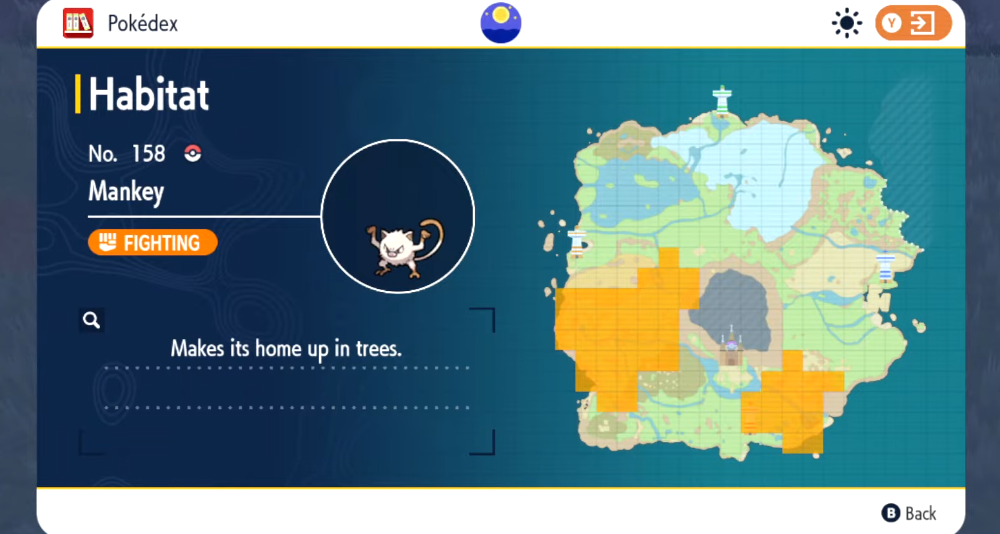 The Pokédex shows the habitat of Mankey via Pokémon Scarlet & Violet (2022), Nintendo