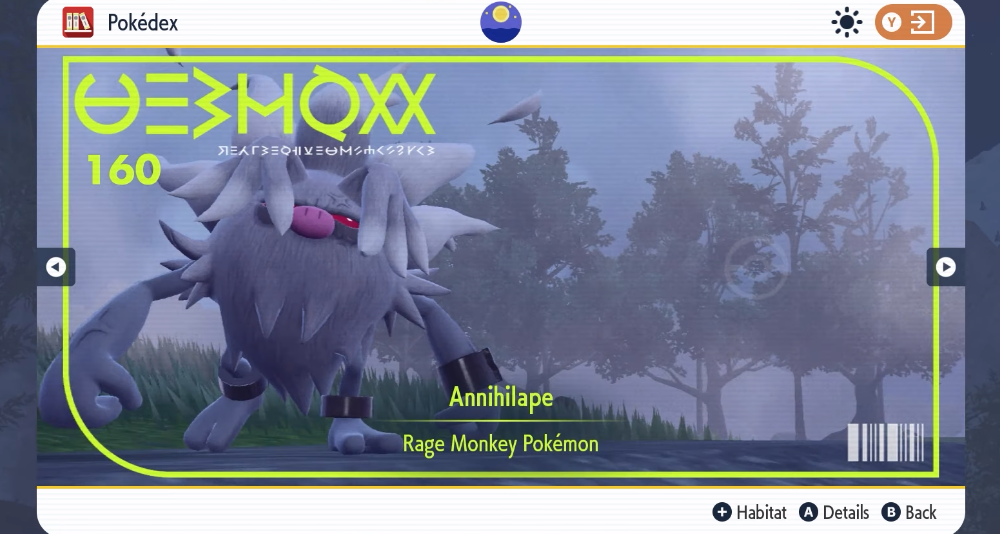 A Pokedex photo showing Annihilape in the mist via Pokémon Scarlet & Violet (2022), Nintendo