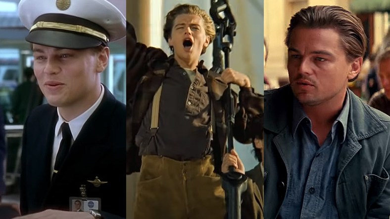 Split image of Leonardo DiCaprio in Catch Me If You Can, Titanic and Inception