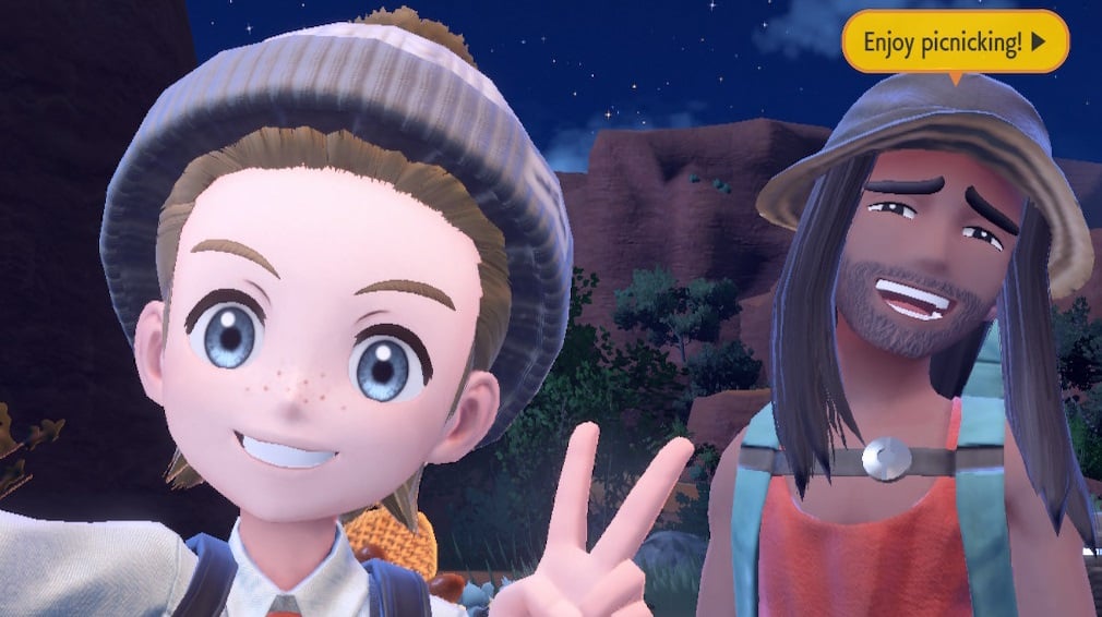 The trainer snaps a selfie with a Hiker in Pokémon: Scarlet and Violet (2022), The Pokémon Company.