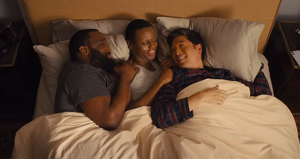 Characters in a "throuple" in 'Bros,' Universal Pictures