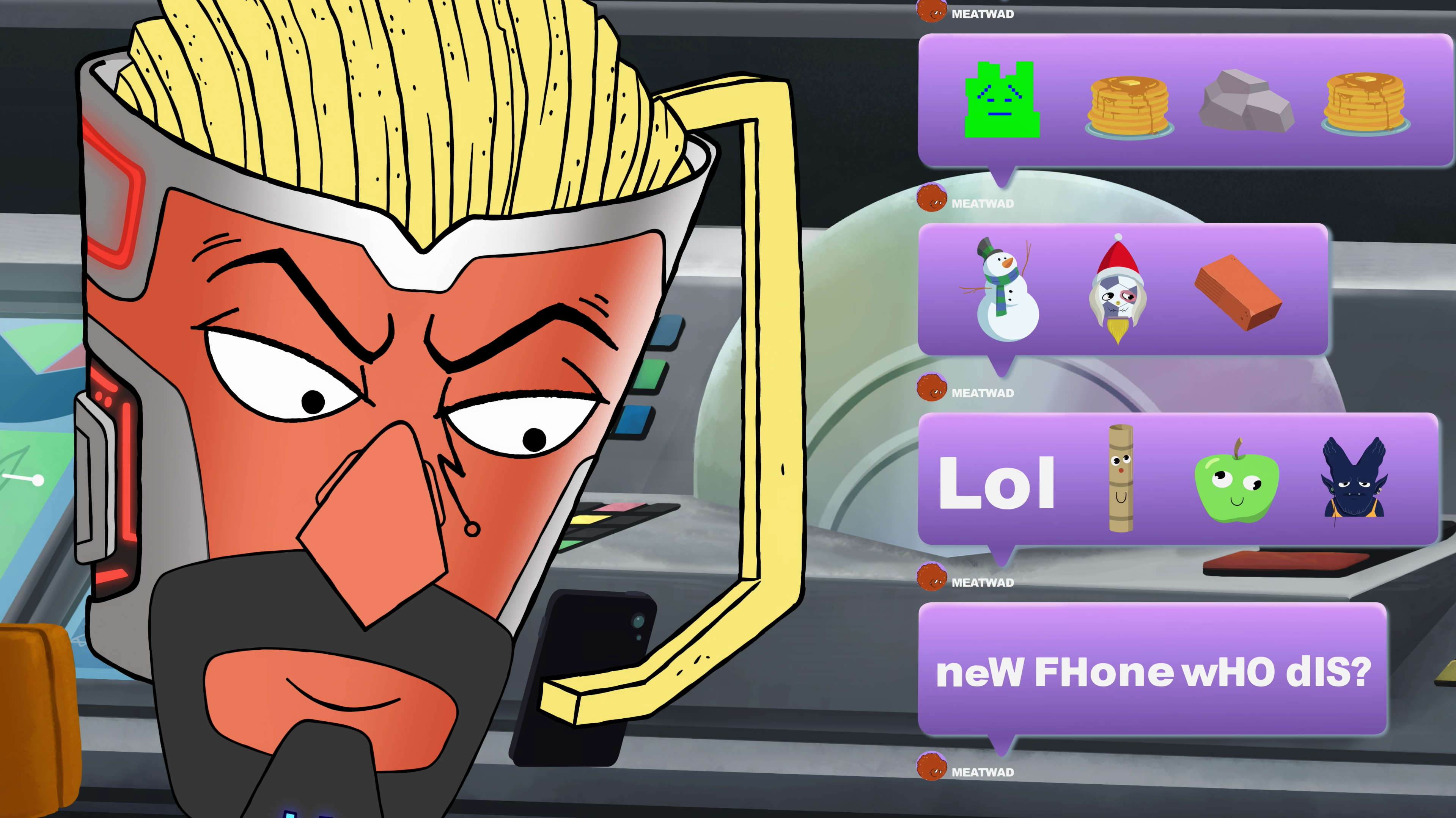 Frylock (Carey Means) receives a few text messages from Meatwad (Dave Willis) Master Shake (Dana Snyder) forms a plan with Frylock (Carey Means) in Aqua Teen Forever: Plantasm (2022) Williams Street via Blu-ray