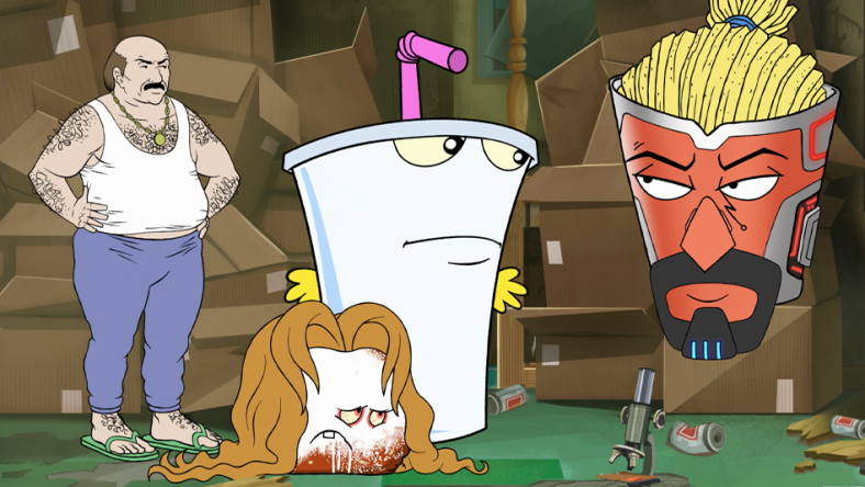 Frylock (Carey Means) formulates a plan with Master Shake (Dana Snyder), Meatwad (Dave Willis) and Carl (Dave Willlis) in Aqua Teen Forever: Plantasm (2022) Williams Street via Blu-ray