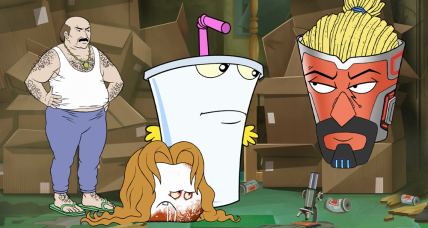 Frylock (Carey Means) formulates a plan with Master Shake (Dana Snyder), Meatwad (Dave Willis) and Carl (Dave Willlis) in Aqua Teen Forever: Plantasm (2022) Williams Street via Blu-ray