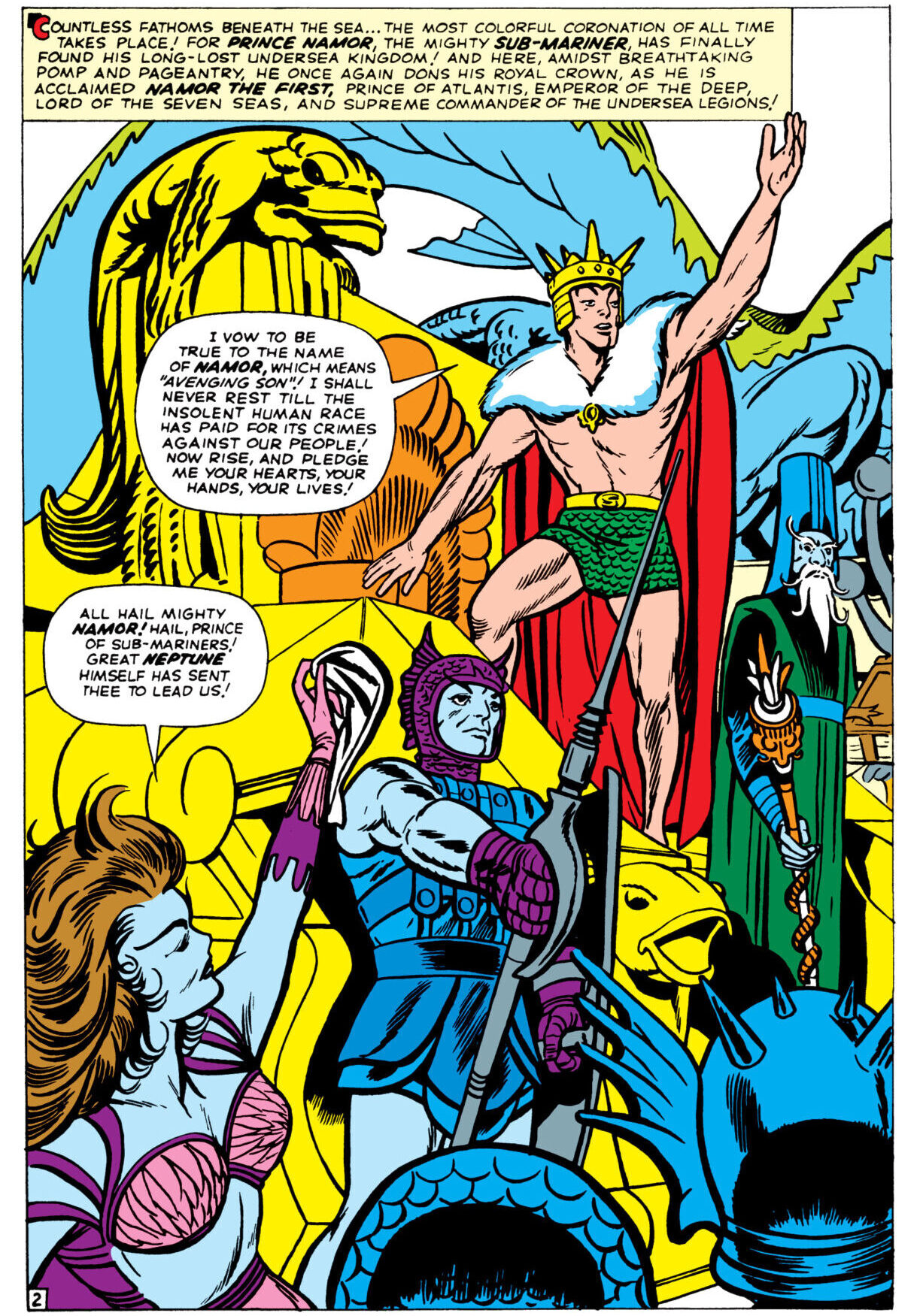 Namor ascends to the throne in Fantastic Four Annual Vol. 1 #1 "Sub-Mariner Versus the Human Race! (1963), Marvel Comics. Words by Stan Lee, art by Jack Kirby, Dick Ayers, Glynis Wein, and Artie Smiek.