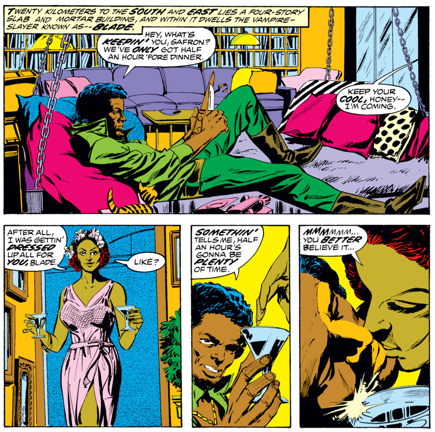 Safron Caulder debuts in the pages of Tomb of Dracula Vol. 1 #12 "Night of the Screaming House!" (1973), Marvel Comics. Words by Marv Wolfman, art by Gene Colan, Tom Palmer, Petra Goldberg, and John Costanza via digital issue