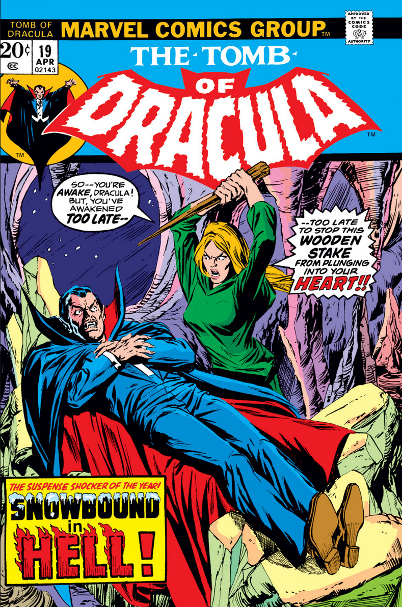 Rachel van Hel Sing prepares to plunge a stake into the heart of Dracula on the cover to Tomb of Dracula Vol. 1 #19 "Snowbound in Hell!" (1973), Marvel Comics. Art by Gil Kane and Tom Palmer via digital issue