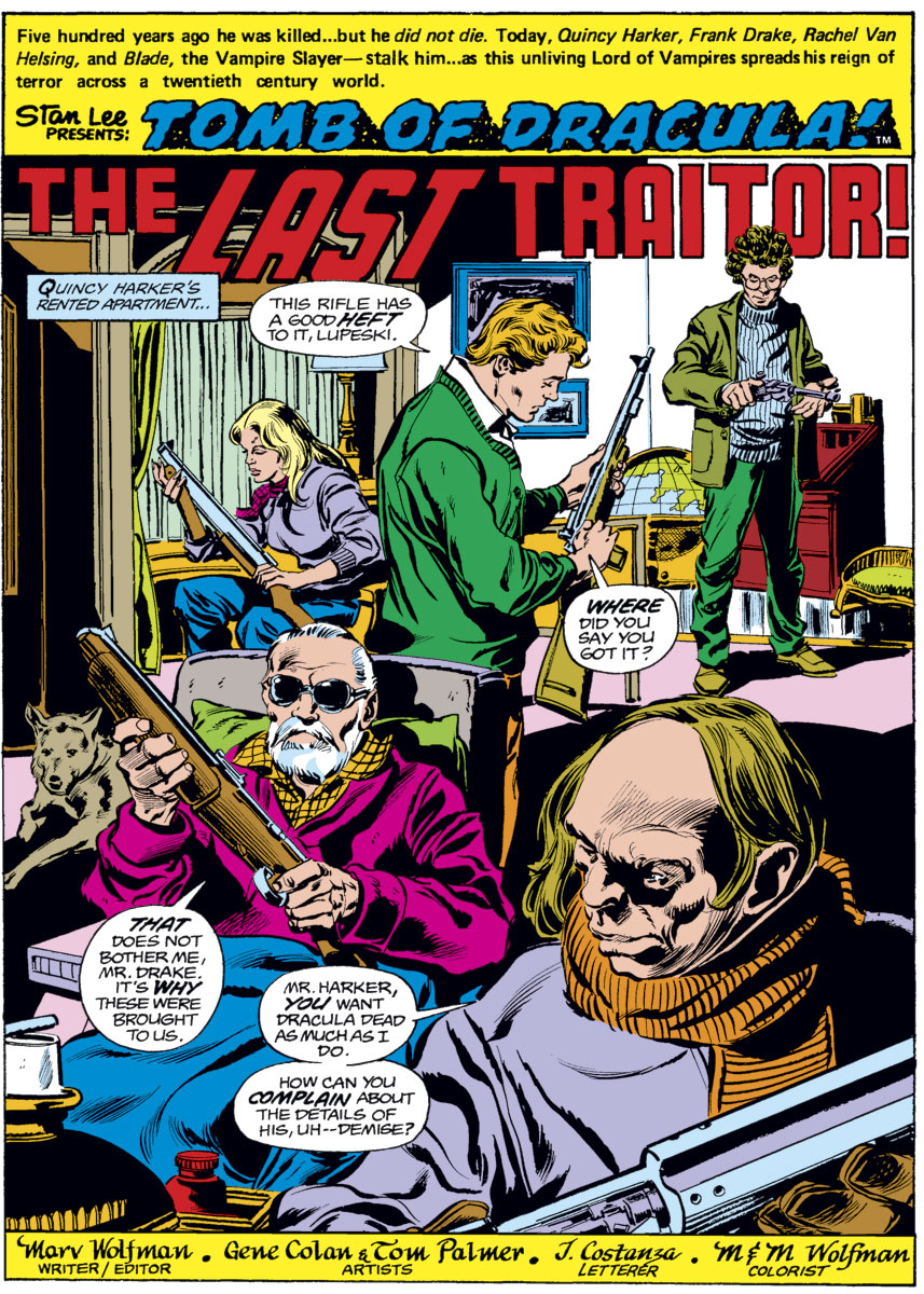 Quincy Harker, Frank Drake, Rachel van Helsing, and Harold H. Harold take up arms in Tomb of Dracula Vol. 1 #59 "The Last Traitor!" (1977), Marvel Comics. Words by Marv Wolfman, art by Gene Colan, Tom Palmer, Michele Wolfman, and John Costanza via digital issue