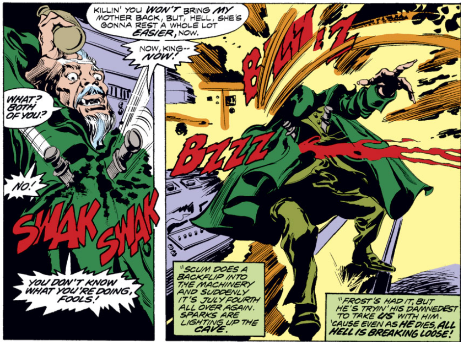 Blade and Hannibal King put an end to Deacon Frost in Tomb of Dracula Vol. 1 #53 "The Final Glory of Deacon Frost" (1976), Marvel Comics. Words by Marv Wolfman, art by Gene Colan, Tom Palmer, Michele Wolfman, and John Costanza via digital issue