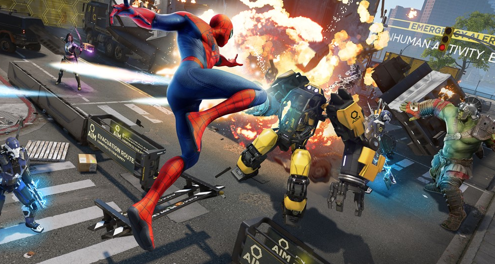Spider-Man (Sean Chiplock) swings in to help Hulk (Darin De Paul) and Kate Bishop ( Ashly Burch) beat back AIM via Marvel's Avengers (2020), Square Enix