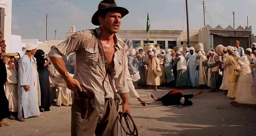 Indy slays a sword-wielding thug in 'Raiders of the Lost Ark' (1981), Paramount Pictures