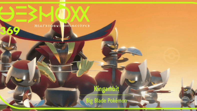 A Pokedex photo showing Kingambit flanked by Bisharp and Pawniard via Pokémon Scarlet & Violet (2022), Nintendo