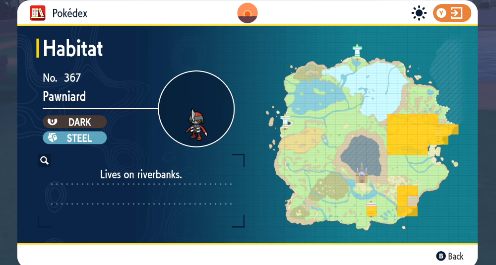 The Pokédex shows the habitat of Pawniard via Pokémon Scarlet & Violet (2022), Nintendo