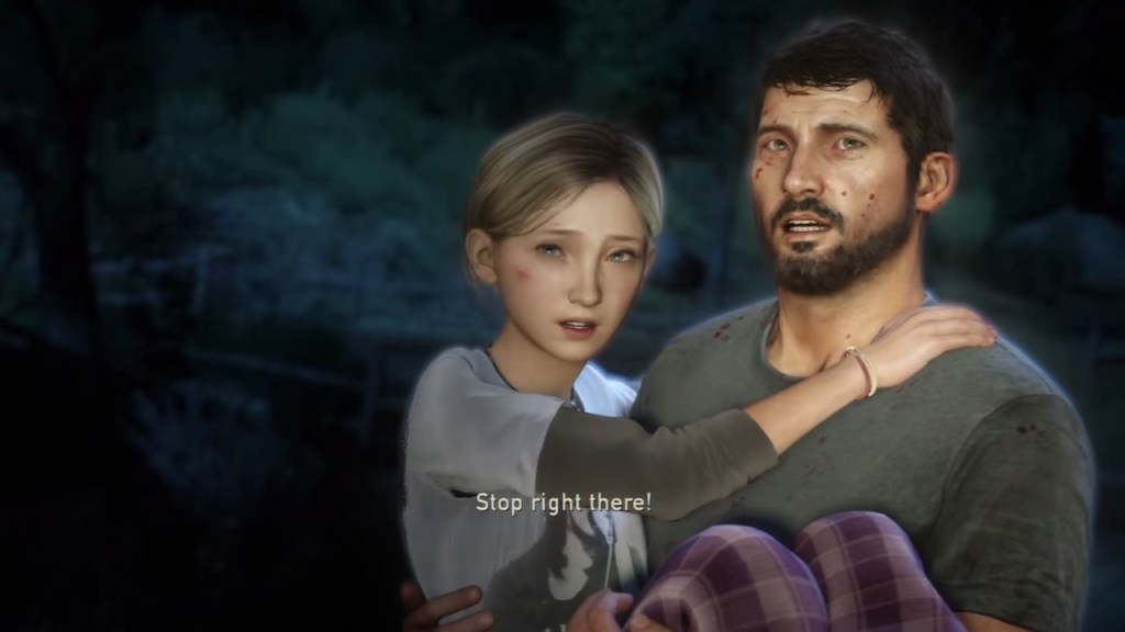 Joel Miller (Troy Baker) demande une assistance médicale pour sa fille Sarah (Hana Hayes) lors des événements d'Outbreak Day dans The Last of Us (2013), Naughty Dog via YouTube