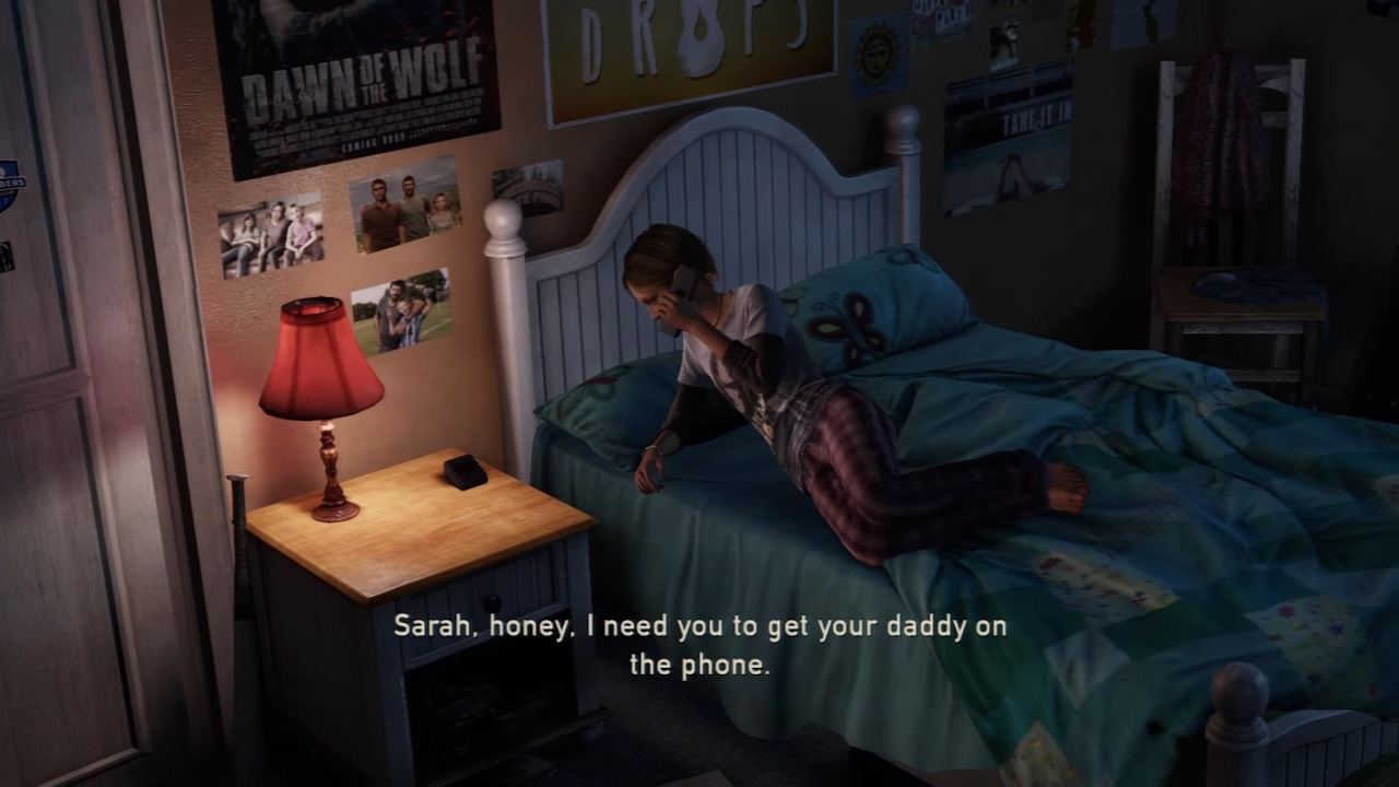 Sarah (Hana Hayes) receives a frantic phone call from her Uncle Tommy (Jeffrey Pierce) in The Last of Us (2013), Naughty Dog via YouTube