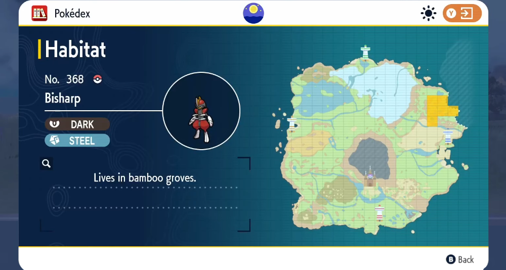 The Pokédex shows the habitat of Bisharp via Pokémon Scarlet & Violet (2022), Nintendo