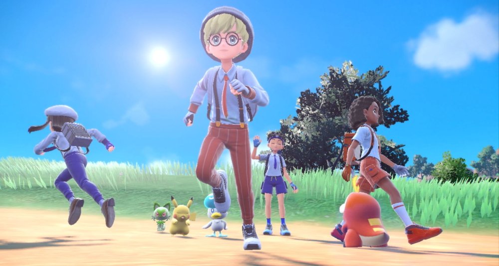 Players alongside each other thanks to the Union Circle with their Pikachu, Sprigatito, Quaxly, and Fuecoco via Pokémon Scarlet & Violet (2022), Nintendo