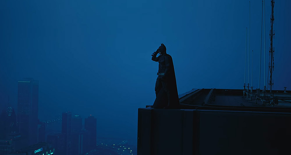 Batman surveys the city for crime in 'The Dark Knight' (2008, Warner Bros. Pictures