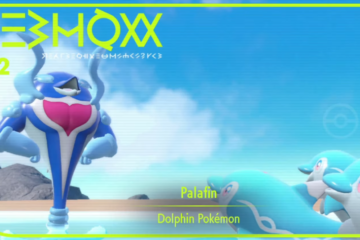 A Pokedex photo showing Palafin being idolized by a group of Finizen via Pokémon Scarlet & Violet (2022), Nintendo