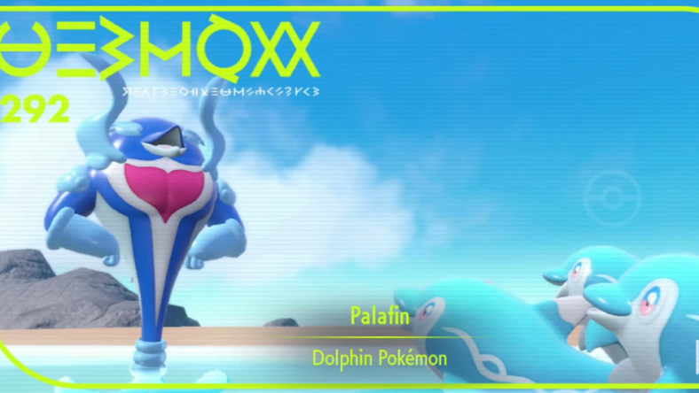 A Pokedex photo showing Palafin being idolized by a group of Finizen via Pokémon Scarlet & Violet (2022), Nintendo