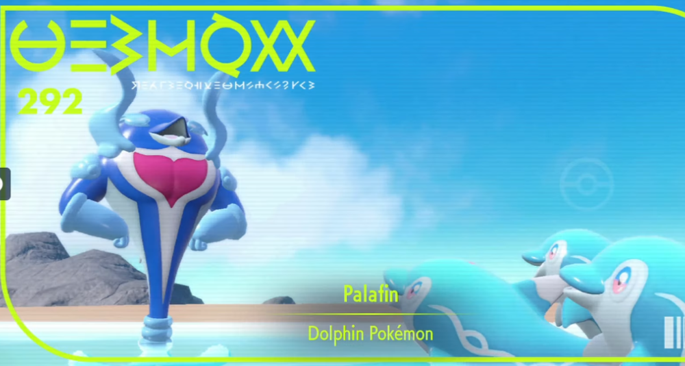 A Pokedex photo showing Palafin being idolized by a group of Finizen via Pokémon Scarlet & Violet (2022), Nintendo