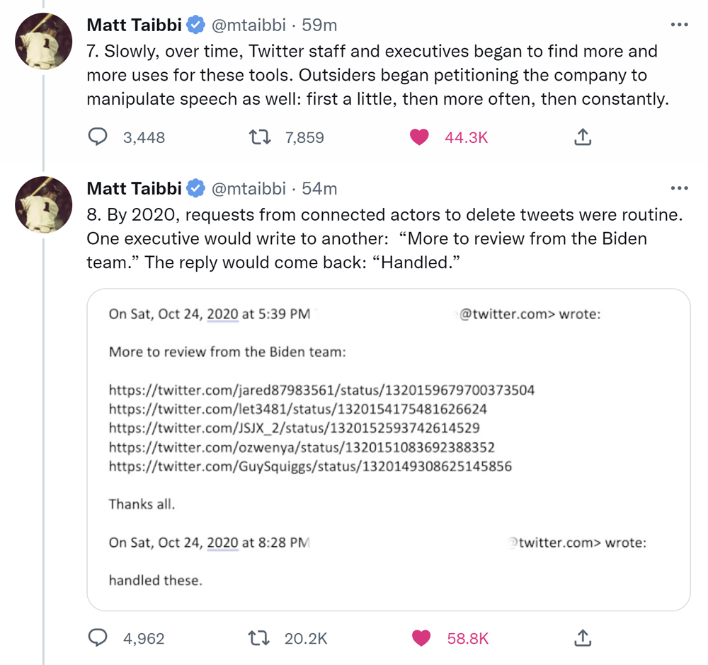 A tweet thread from Matt Taibbi's Twitter account, Dec 3, 2020