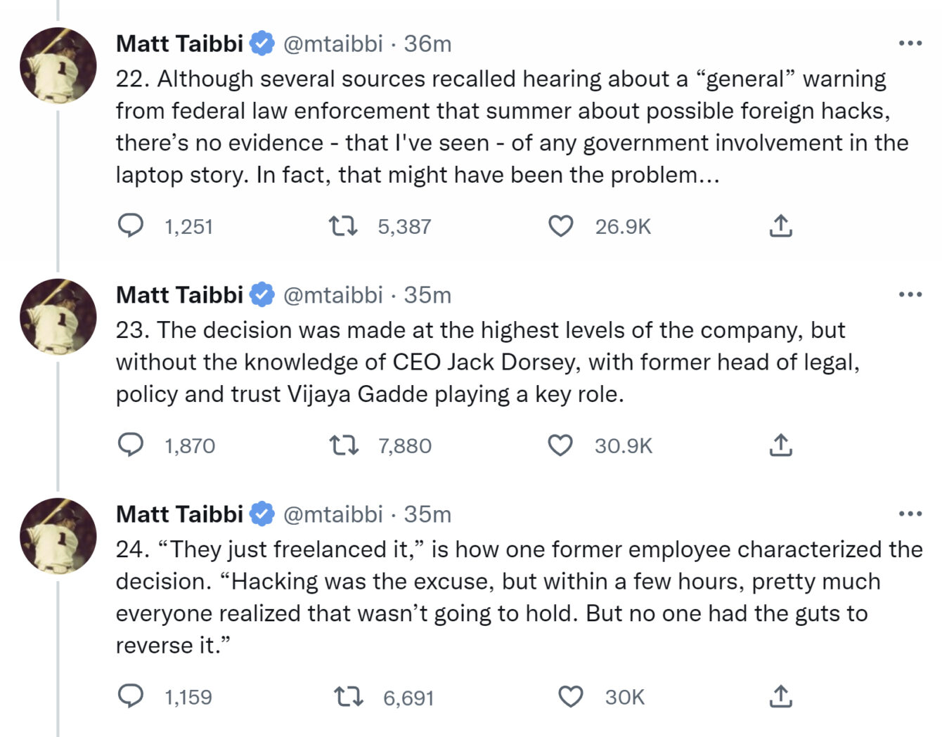 Matt Taibbi discusses Twitter's 2020 election interference on his Twitter account