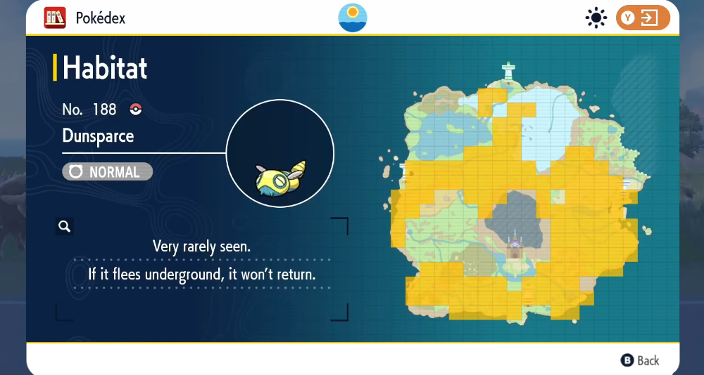 The Pokédex shows the habitat of Dunsparce via Pokémon Scarlet & Violet (2022), Nintendo