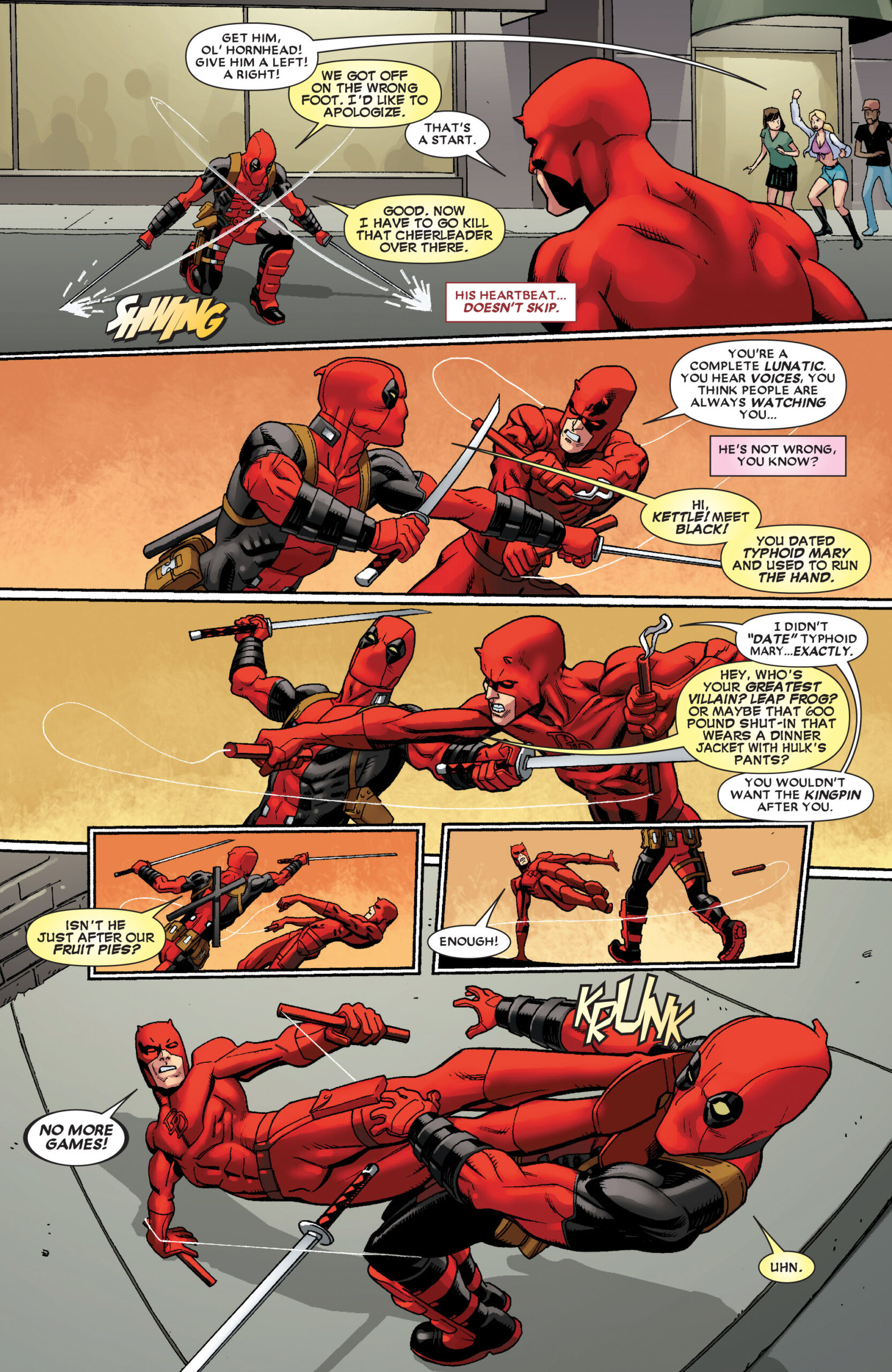 Deadpool's mission runs into an unexpected snag with Daredevil arrives on the scene in Deadpool Vol. 5 #11 (2013), Marvel Comics. Words by Brian Posehn and Gerry Duggan, art by Mike Hawthorne, Val Staples, and Joe Sabino via digital issue