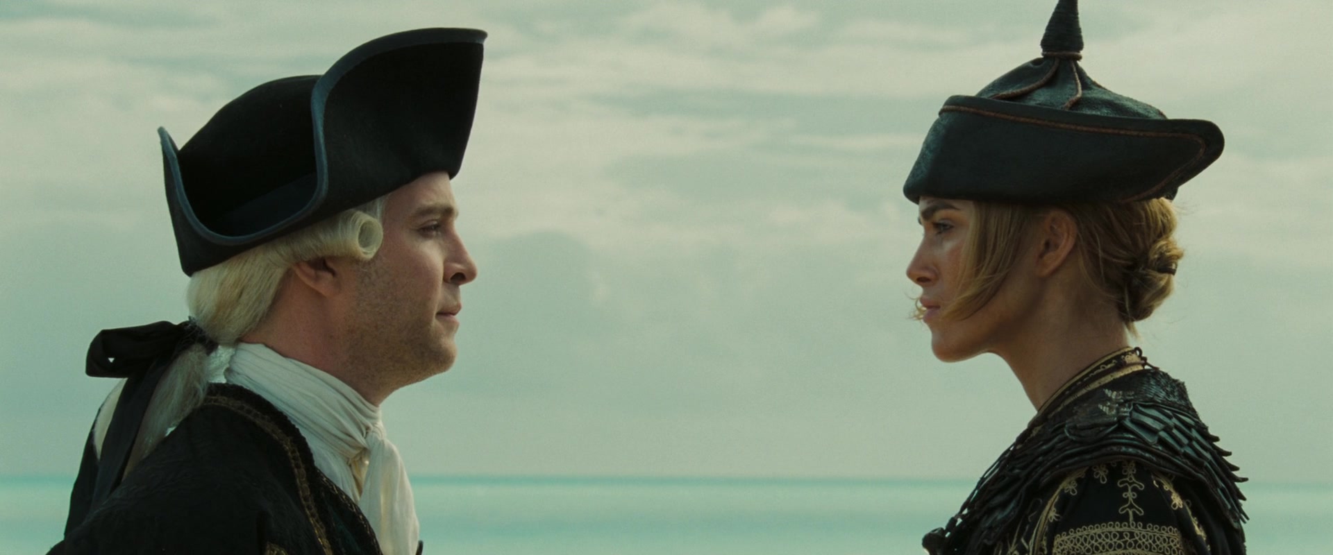 Elizabeth Swann (Keira Knightley) has words with Cutler Beckett (Tom Hollander) in Pirates of the Caribbean: At World's End (2007), Disney via Blu-ray