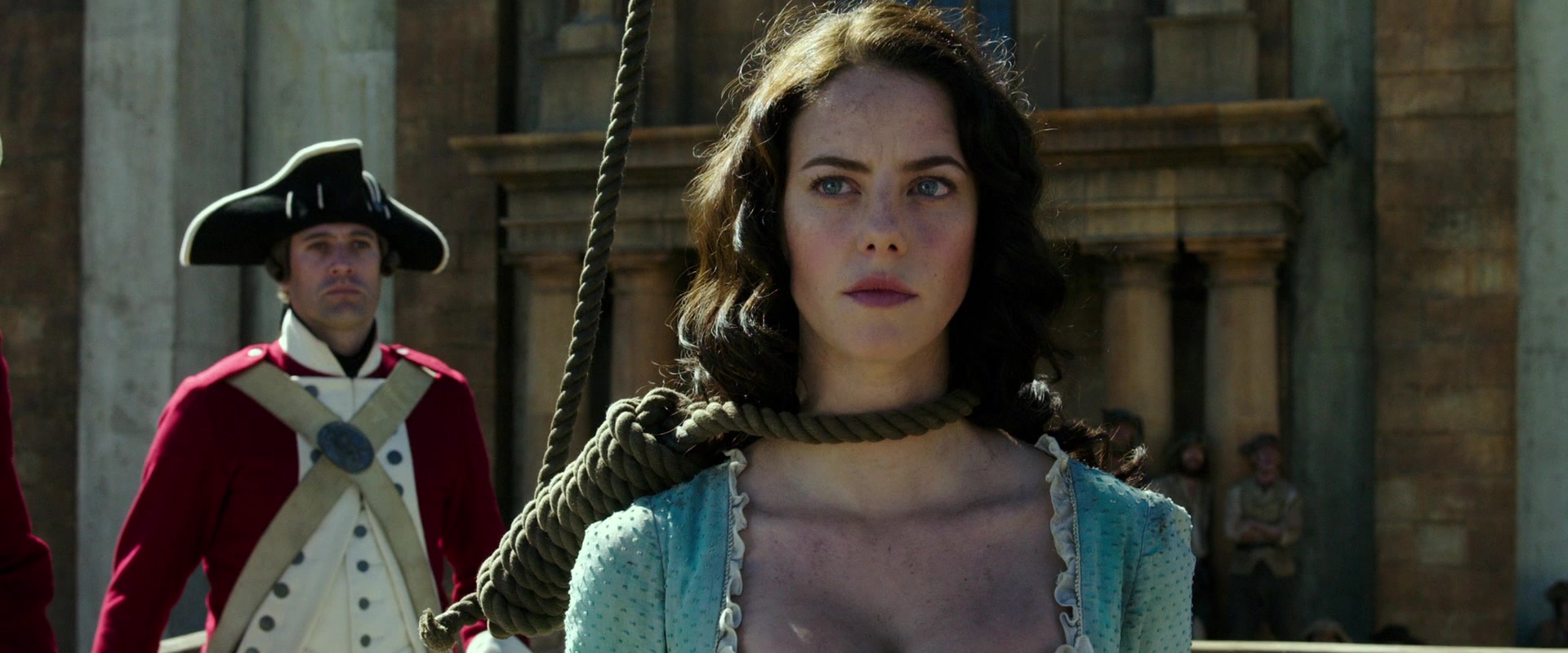 Carina Smyth Barbossa (Kaya Scodelario) is sentenced to hang for the crime of witchcraft in Elizabeth Swann (Keira Knightley) takes aim at the Kraken in Pirates of the Caribbean: Dead Men Tell No Tales (2017) via Blu-ray