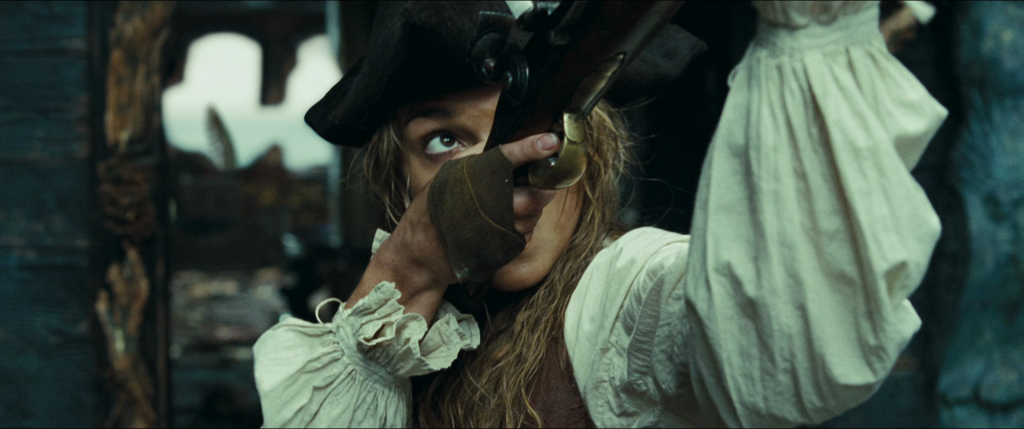 Elizabeth Swann (Keira Knightley) takes aim at the Kraken in Pirates of the Caribbean: Dead Man's Chest (2006) via Blu-ray