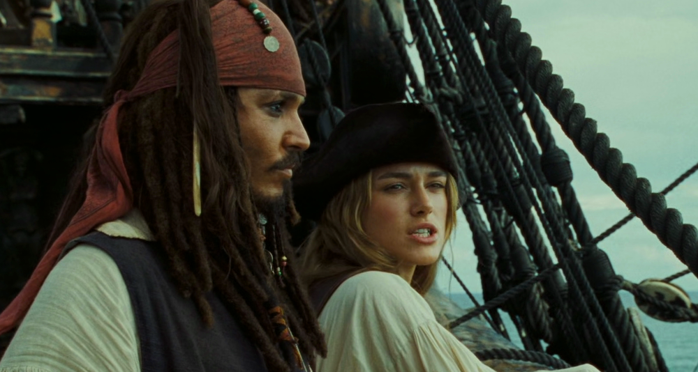 Elizabeth Swann (Keira Knightley) and Captain Jack Sparrow (Johnny Depp) attempt to outwit each other in Pirates of the Caribbean: Dead Man's Chest (2006) via Blu-ray