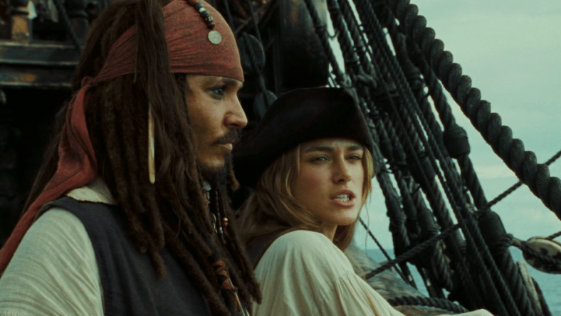 Elizabeth Swann (Keira Knightley) and Captain Jack Sparrow (Johnny Depp) attempt to outwit each other in Pirates of the Caribbean: Dead Man's Chest (2006) via Blu-ray