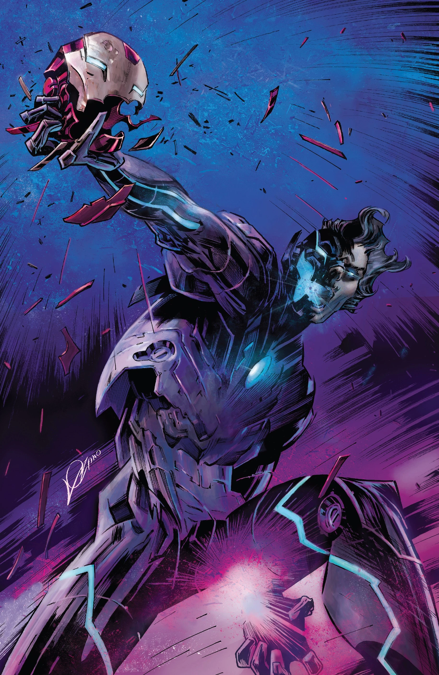 Ultron smashes one of Tony Stark's helmets in Alexander Lozano's cover to Tony Stark: Iron Man Vol. 1 #16 "The Ultron Agenda -Part One: Man & Machine" (2019), Marvel Comics via digital issue