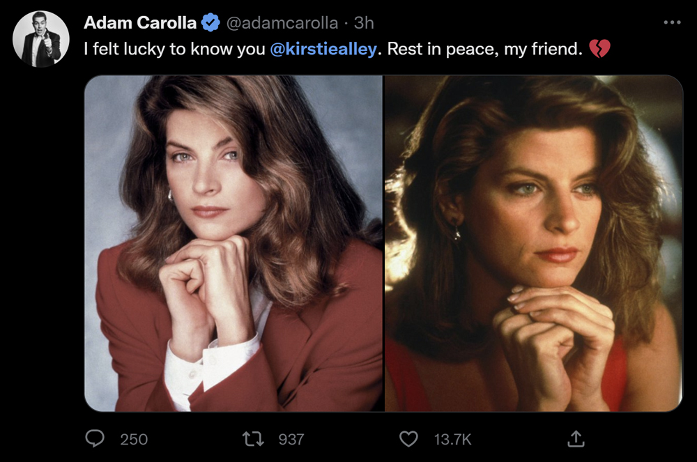 Adam Corolla mourns the loss of Kirstie Alley on his Twitter account