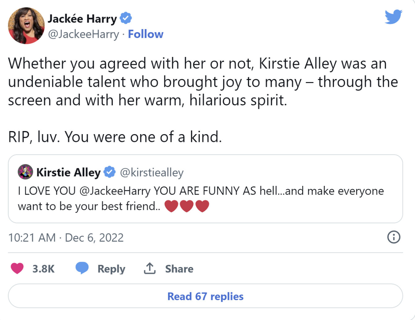 Jackée Harry talks about Kirstie Alley on Twitter