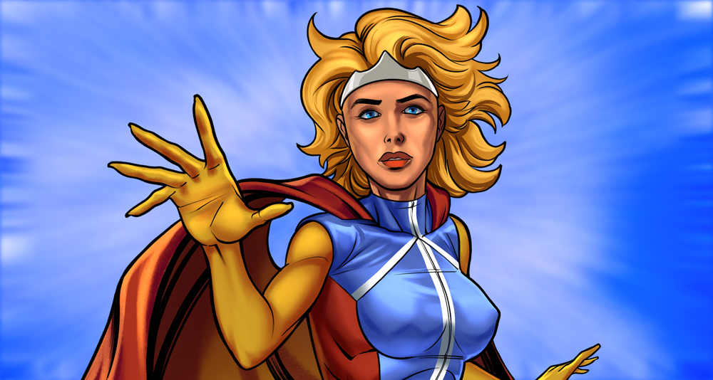 Superheroine Columbia, an original creation of Paul Hair. Artwork (cropped with added background) by Joey Dodd (2022).