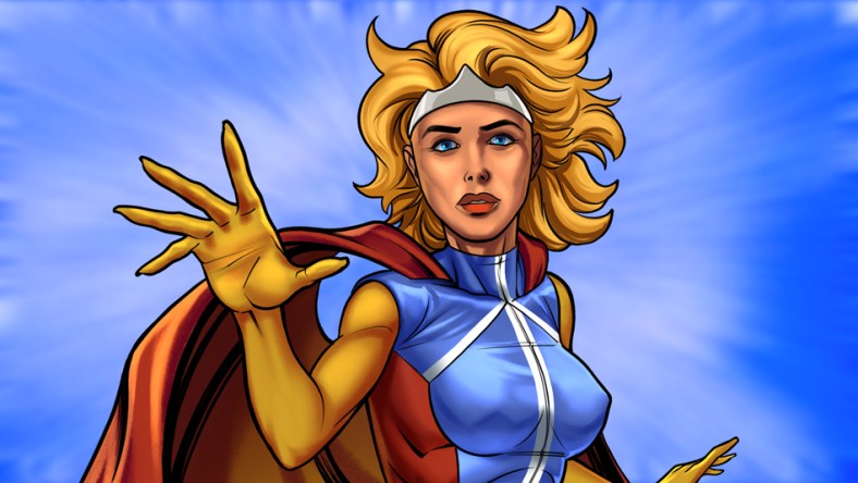 Superheroine Columbia, an original creation of Paul Hair. Artwork (cropped with added background) by Joey Dodd (2022).