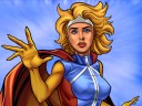 Superheroine Columbia, an original creation of Paul Hair. Artwork (cropped with added background) by Joey Dodd (2022).